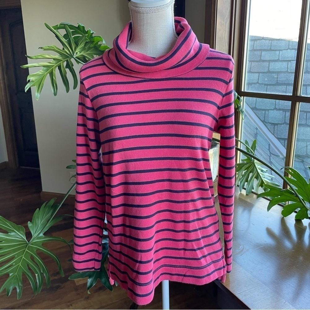 LL Bean Striped Cotton Cowl Neck Rib Knit Top